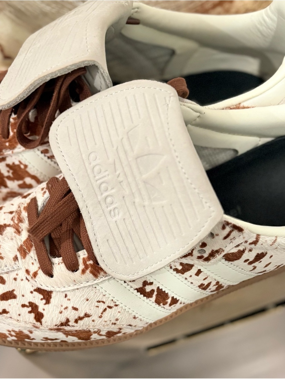 adidas Brown and White Cow-Print Lace-Up Sneakers - Picture 2 of 5
